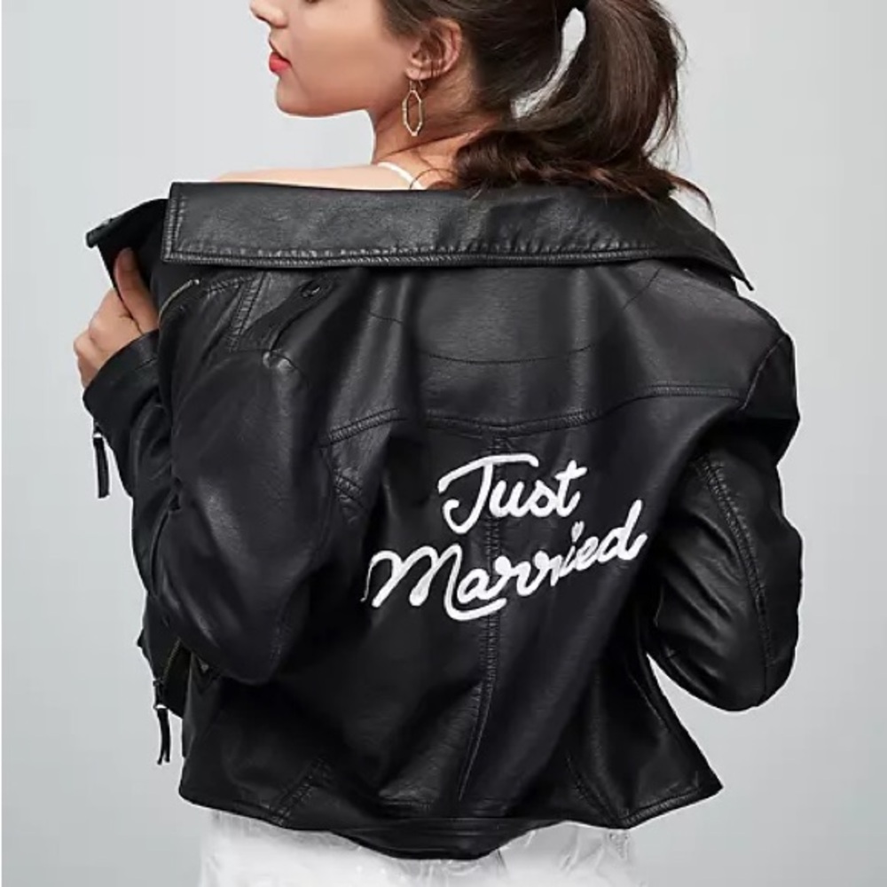 just married embroidered vegan leather moto jacket